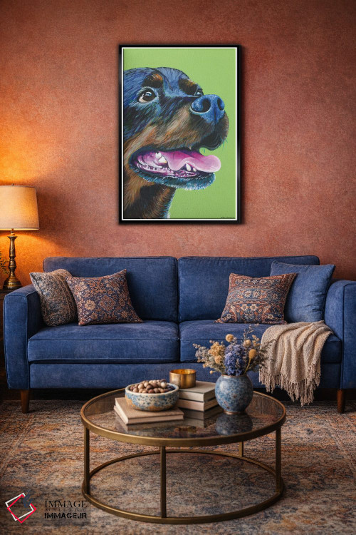 تابلو دکوراتیو روتوایلر روی زمینه سبز لیمویی اثر کیرستین وود - D6B