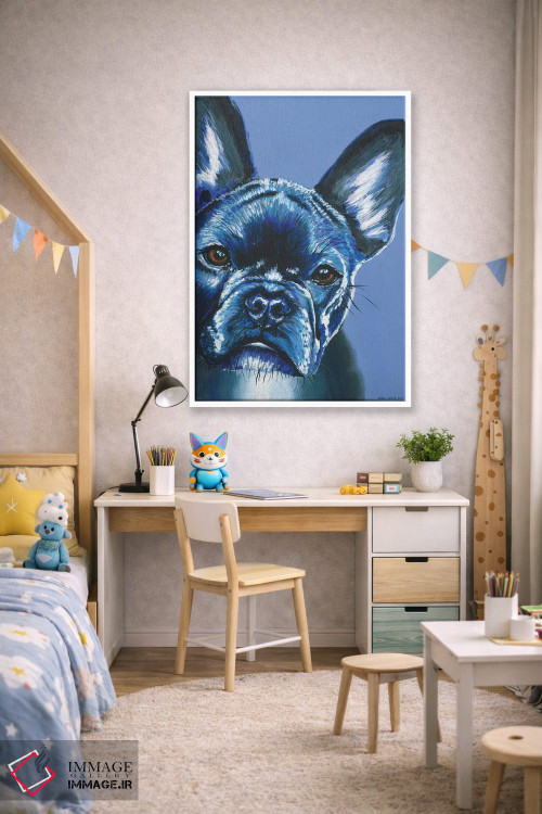 تابلو دکوراتیو فرنچ بولداگ روی زمینه آبی اثر کیرستین وود - D1W