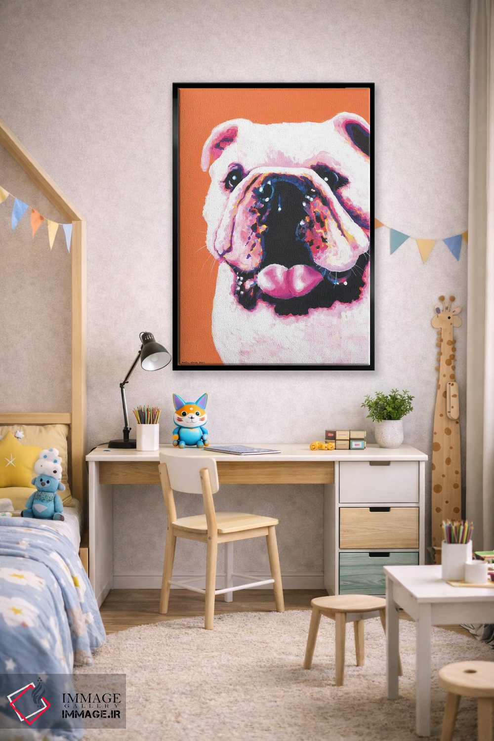 تابلو دکوراتیو بولداگ روی زمینه نارنجی اثر کیرستین وود - D2B