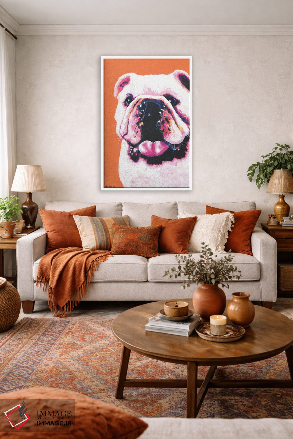 تابلو دکوراتیو بولداگ روی زمینه نارنجی اثر کیرستین وود - D3W