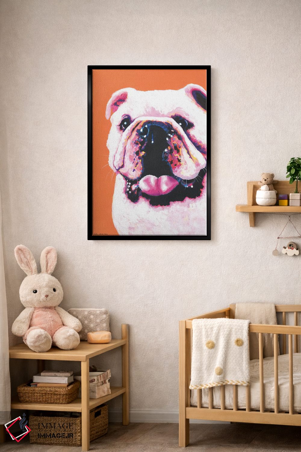 تابلو دکوراتیو بولداگ روی زمینه نارنجی اثر کیرستین وود - D4B