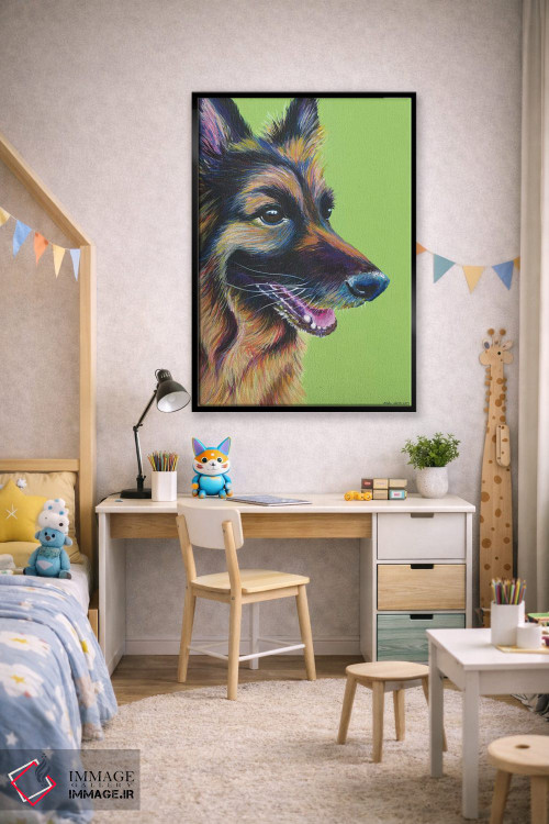 تابلو دکوراتیو ژرمن شپرد روی زمینه سبز لیمویی اثر کیرستین وود - D1B