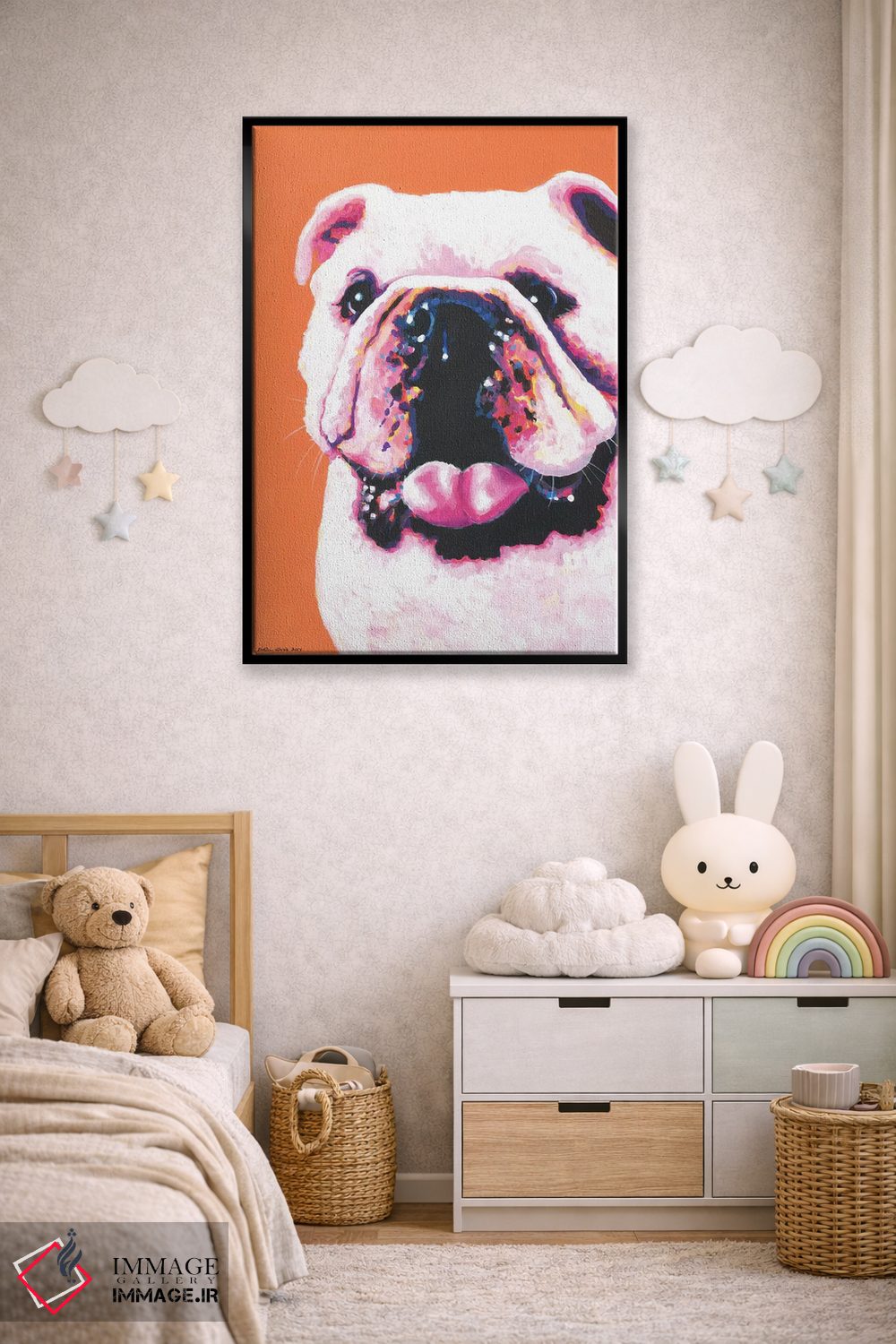 تابلو دکوراتیو بولداگ روی زمینه نارنجی اثر کیرستین وود - D5B