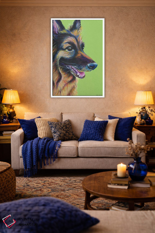 تابلو دکوراتیو ژرمن شپرد روی زمینه سبز لیمویی اثر کیرستین وود - D2W