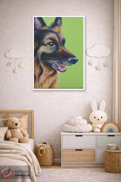 تابلو دکوراتیو ژرمن شپرد روی زمینه سبز لیمویی اثر کیرستین وود - D3W