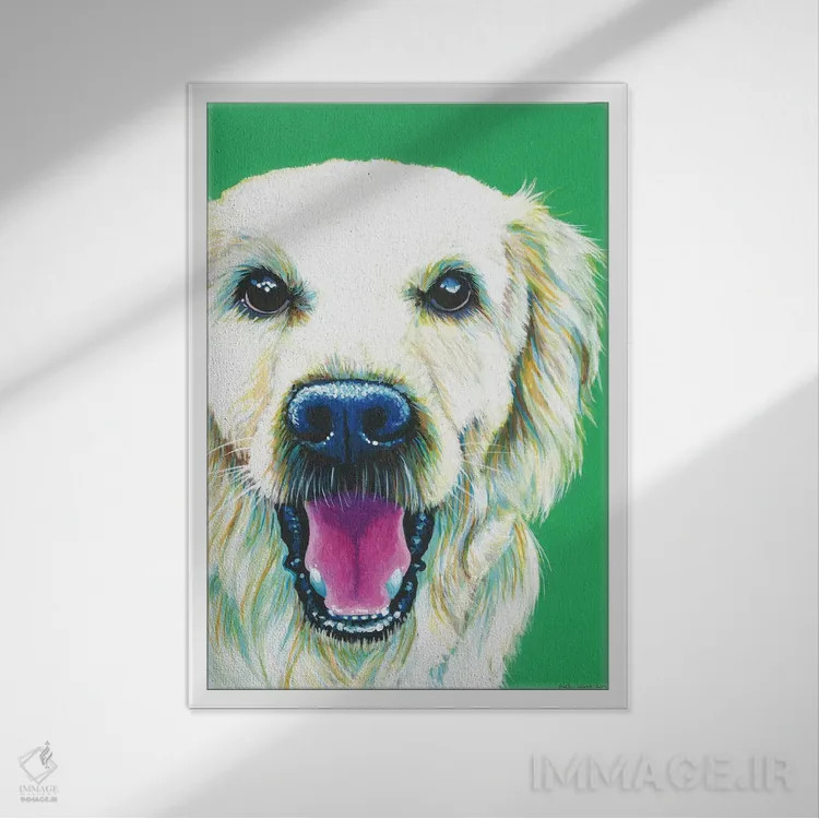 تابلو دکوراتیو گلدن رتریور روی زمینه زمردی اثر کیرستین وود - نمای قابدار سفید