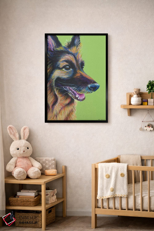 تابلو دکوراتیو ژرمن شپرد روی زمینه سبز لیمویی اثر کیرستین وود - D4B