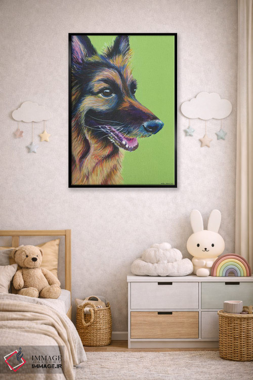 تابلو دکوراتیو ژرمن شپرد روی زمینه سبز لیمویی اثر کیرستین وود - D5B