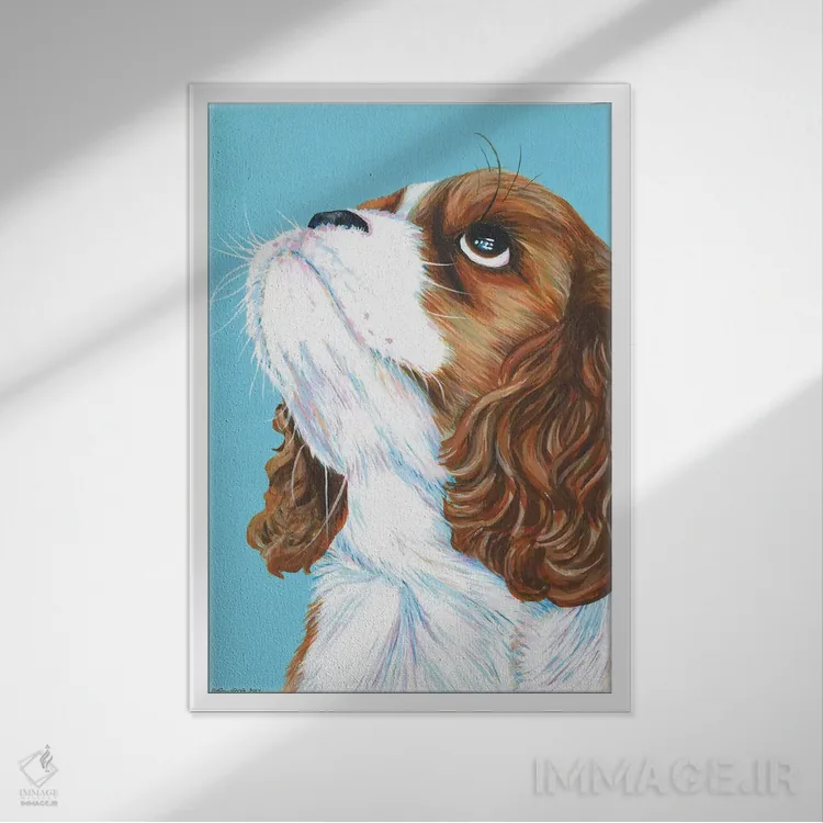 تابلو دکوراتیو کاولیر کینگ چارلز روی زمینه آبی آبی اثر کیرستین وود - نمای قابدار سفید