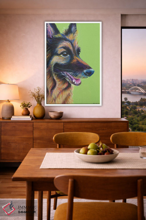 تابلو دکوراتیو ژرمن شپرد روی زمینه سبز لیمویی اثر کیرستین وود - D6W