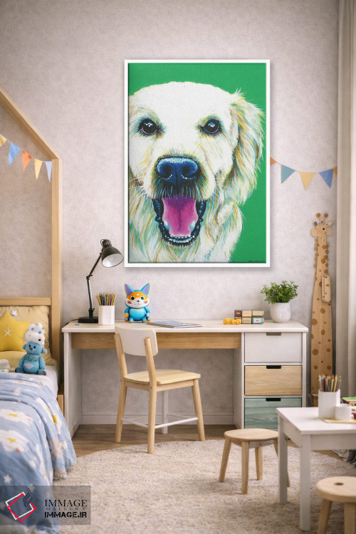 تابلو دکوراتیو گلدن رتریور روی زمینه زمردی اثر کیرستین وود - D1W