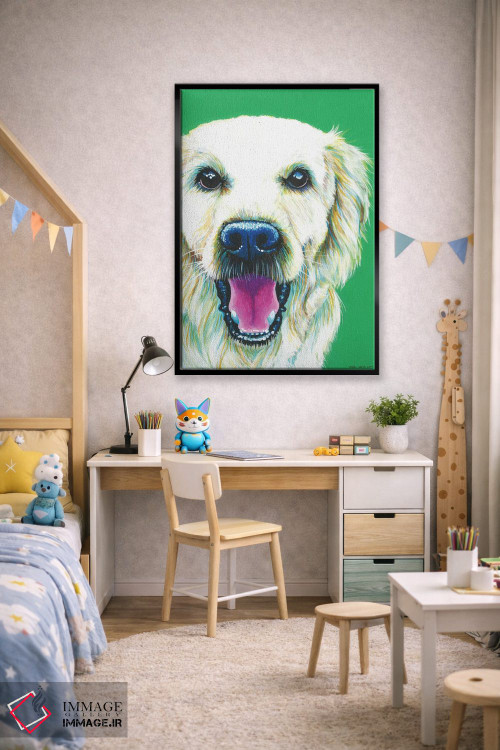 تابلو دکوراتیو گلدن رتریور روی زمینه زمردی اثر کیرستین وود - D2B