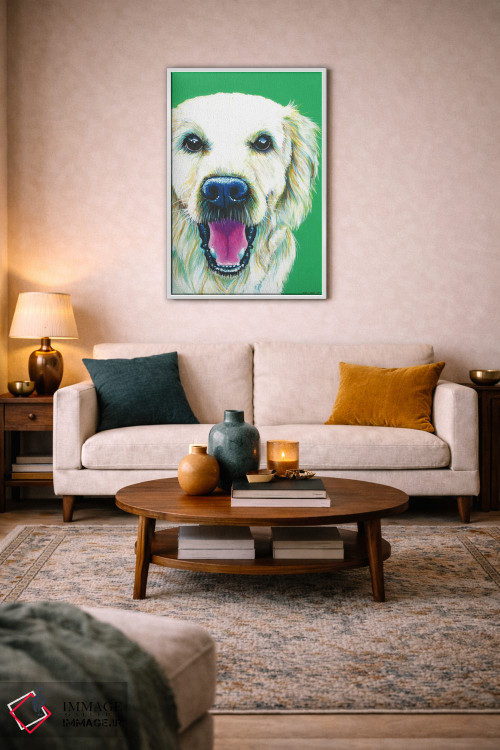 تابلو دکوراتیو گلدن رتریور روی زمینه زمردی اثر کیرستین وود - D3W