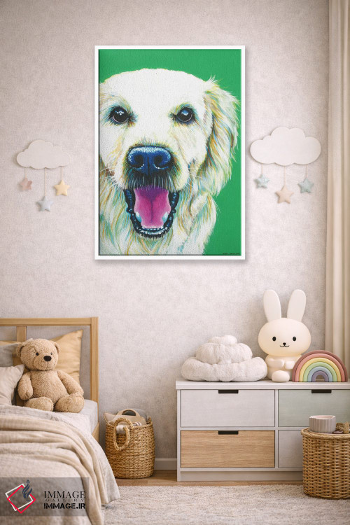 تابلو دکوراتیو گلدن رتریور روی زمینه زمردی اثر کیرستین وود - D4W