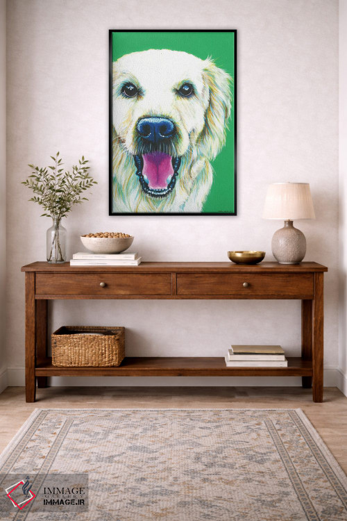 تابلو دکوراتیو گلدن رتریور روی زمینه زمردی اثر کیرستین وود - D5B