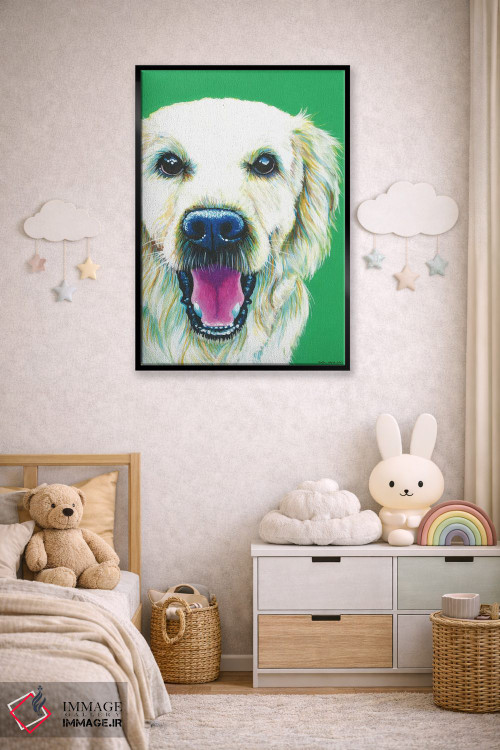 تابلو دکوراتیو گلدن رتریور روی زمینه زمردی اثر کیرستین وود - D6B