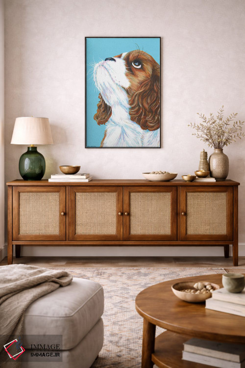 تابلو دکوراتیو کاولیر کینگ چارلز روی زمینه آبی آبی اثر کیرستین وود - D4B