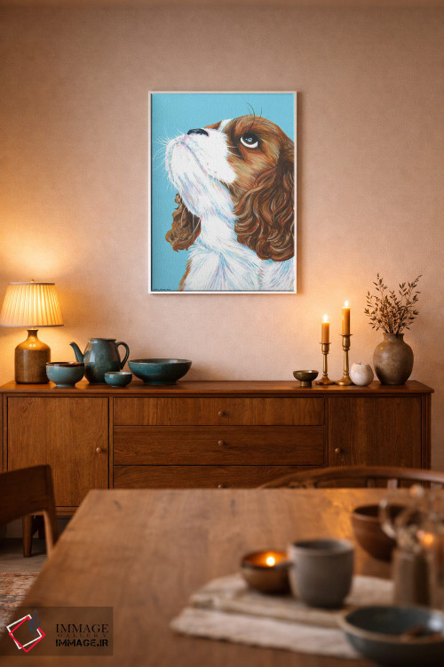 تابلو دکوراتیو کاولیر کینگ چارلز روی زمینه آبی آبی اثر کیرستین وود - D6W