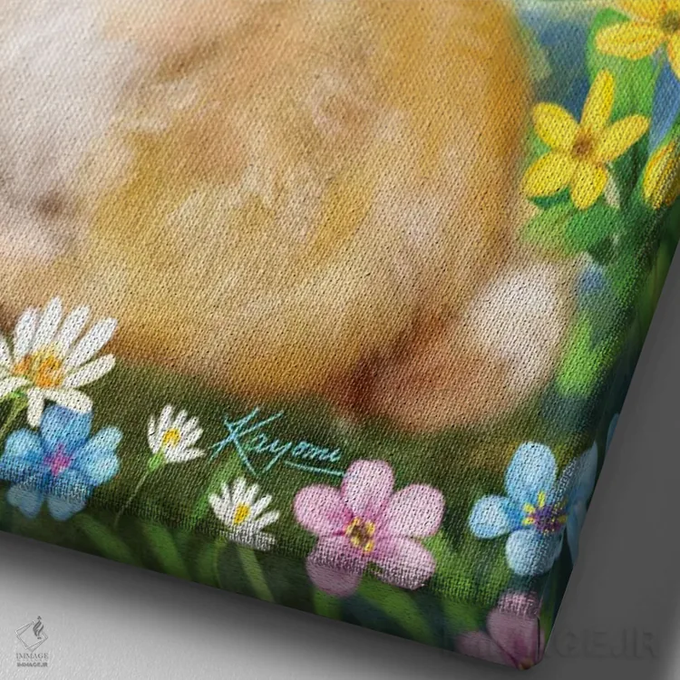 تابلو دکوراتیو خرگوش و پرنده اثر کایومی هارای - نمای نزدیک بافت بوم