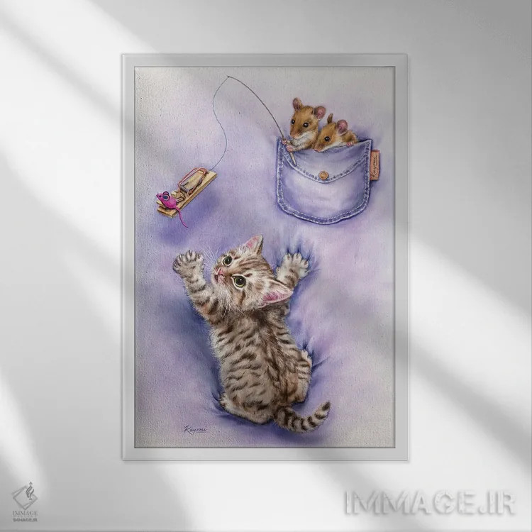 تابلو دکوراتیو گربه و موش ها اثر کایومی هارای - نمای قابدار سفید