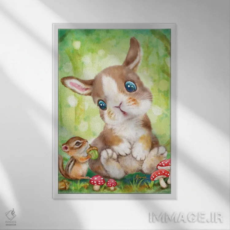 تابلو دکوراتیو خرگوش و سنجاب اثر کایومی هارای - نمای قابدار سفید