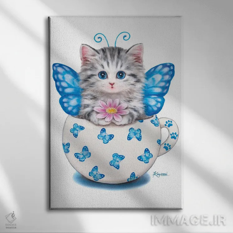 تابلو دکوراتیو گربه فنجانی پروانه ای اثر کایومی هارای - نمای روبهرو روی دیوار