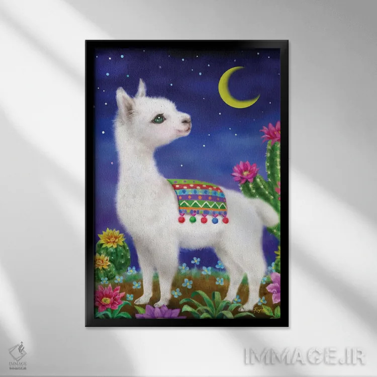 تابلو دکوراتیو لاما در نور ماه اثر کایومی هارای - نمای قابدار مشکی