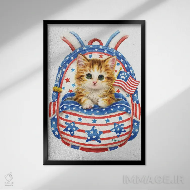 تابلو دکوراتیو گربه میهن دوست با کوله پشتی اثر کایومی هارای - نمای قابدار مشکی