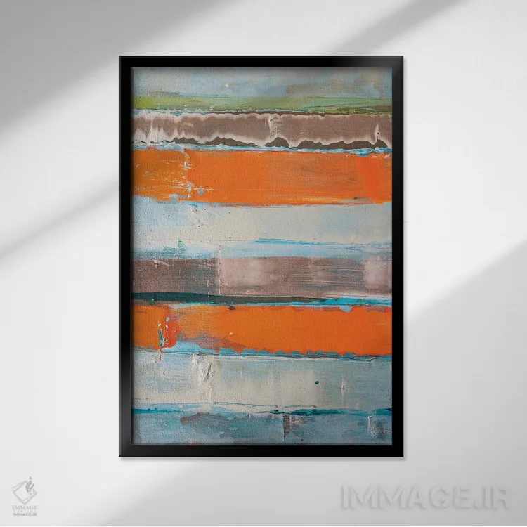 تابلو انتزاعی هم بندی نارنجی راه راه جدید اثر کنت یانگستروم - نمای قابدار مشکی