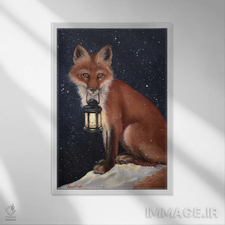 تابلو دکوراتیو روباه و فانوس اثر کایرا ویلسون - نمای قابدار سفید