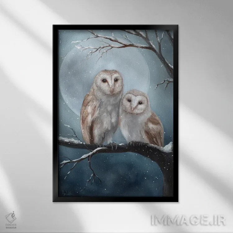 تابلو دکوراتیو دو جغد ساعت اثر کایرا ویلسون - نمای قابدار مشکی