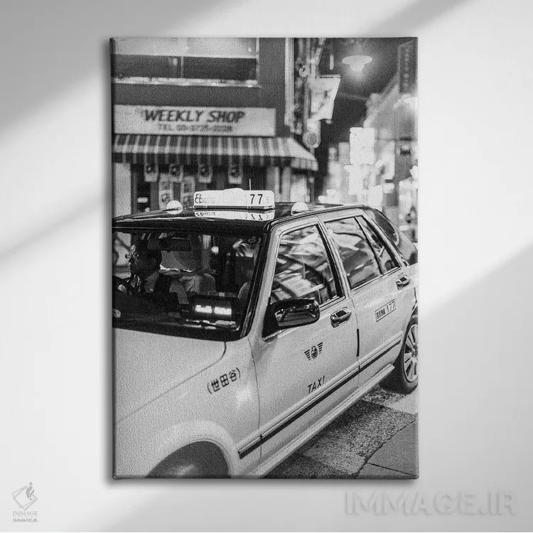 تابلو دکوراتیو تاکسی به سیاه و سفید اثر کنزو ایجیری - نمای روبهرو روی دیوار