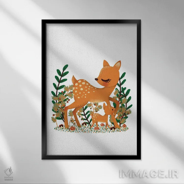 تابلو دکوراتیو گوزن ماده و فرزندش اثر کانزیلو - نمای قابدار مشکی