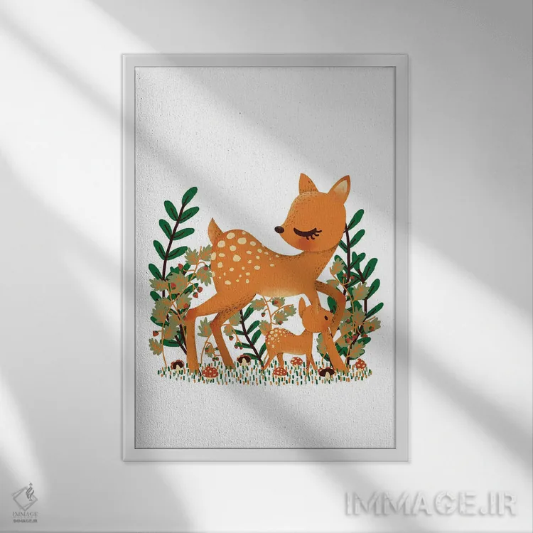 تابلو دکوراتیو گوزن ماده و فرزندش اثر کانزیلو - نمای قابدار سفید