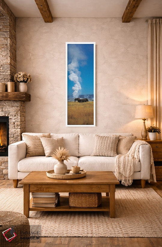 تابلو دکوراتیو بایسون در حال چرا در جلوی یک چشمه آبگرم، آبفشان قدیمی… اثر پانورامیک ایمجز - D1W