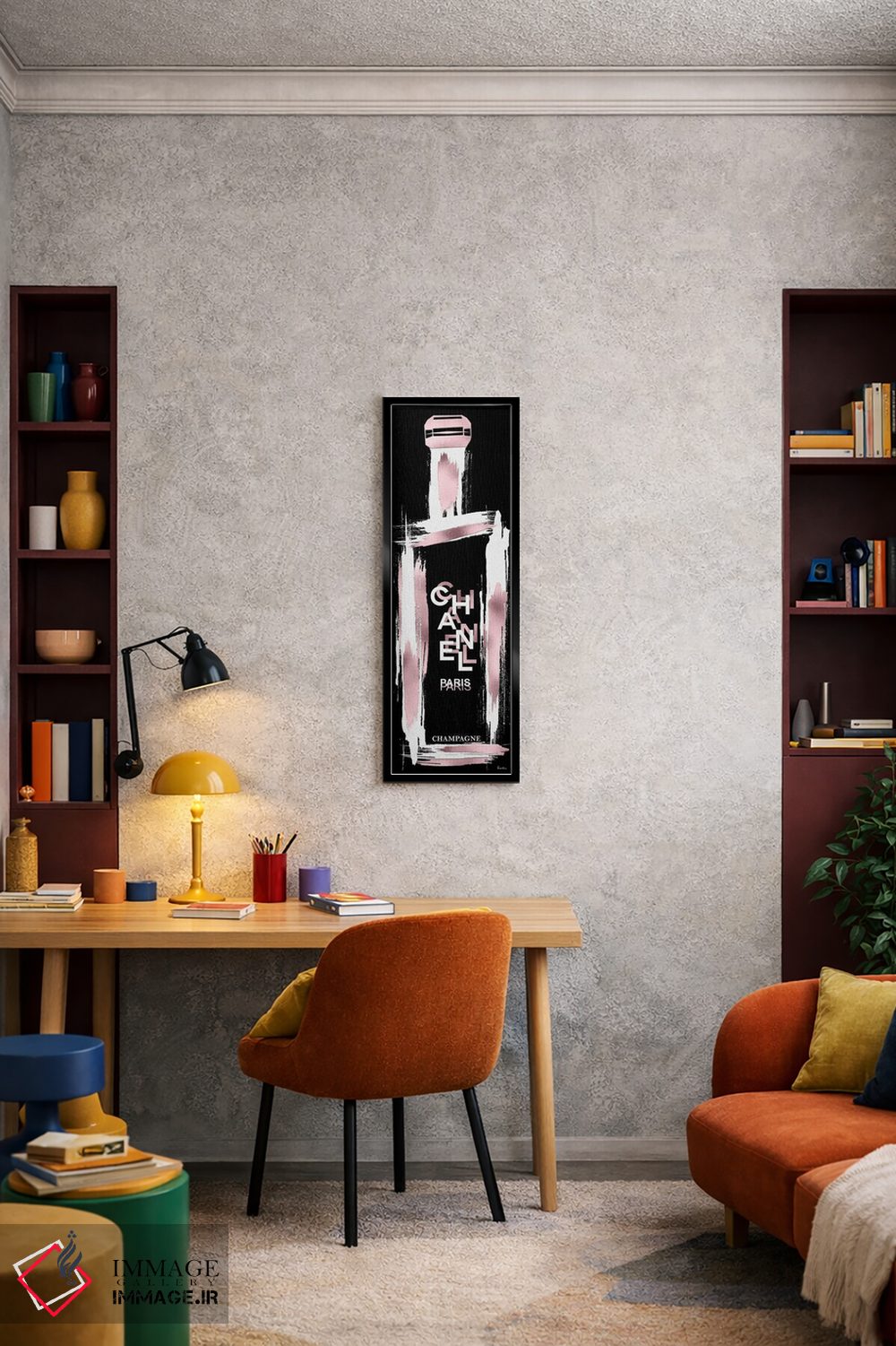 تابلو دکوراتیو بطری شامپاین شنل سفید و رزگلد کهنه شده اثر پوماکای بارون - D3B