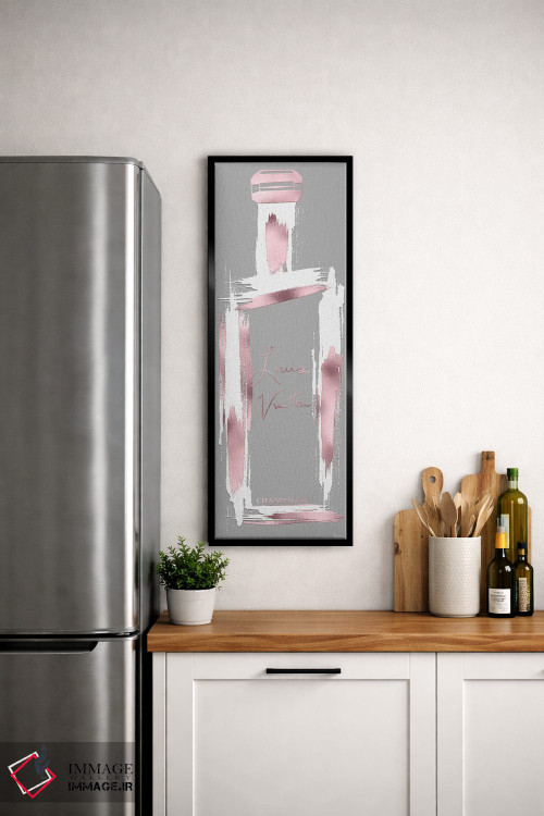 تابلو دکوراتیو بطری شامپاین لوییس رزگلد و سفید بر زمینه خاکستری و کهنه اثر پوماکای بارون - D5B