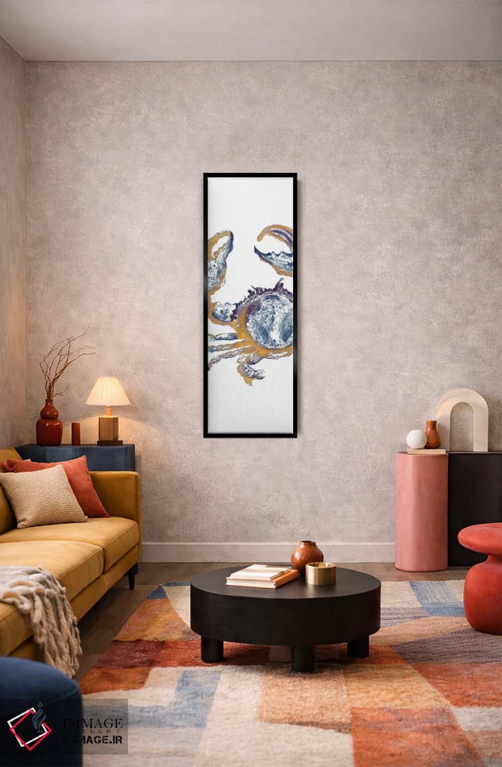 تابلو دکوراتیو خرچنگ آبی طلایی کنار ساحل اثر پاتریشیا پینتو - D2B