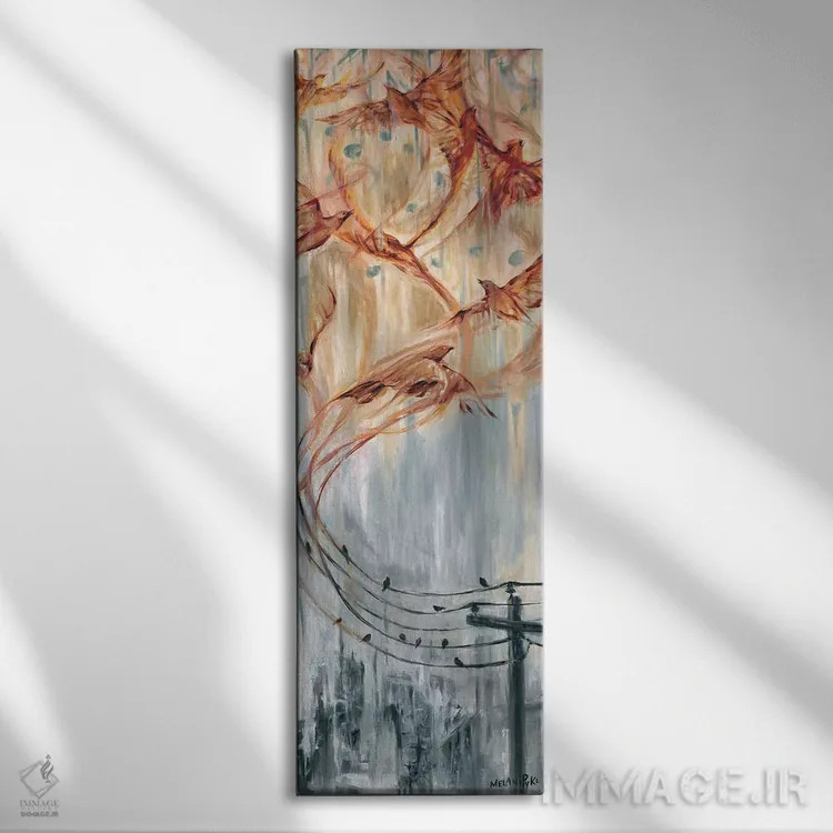 تابلو دکوراتیو موسیقی و پرندگان دور از سیم ها اثر ملانی پایک - نمای روبهرو روی دیوار