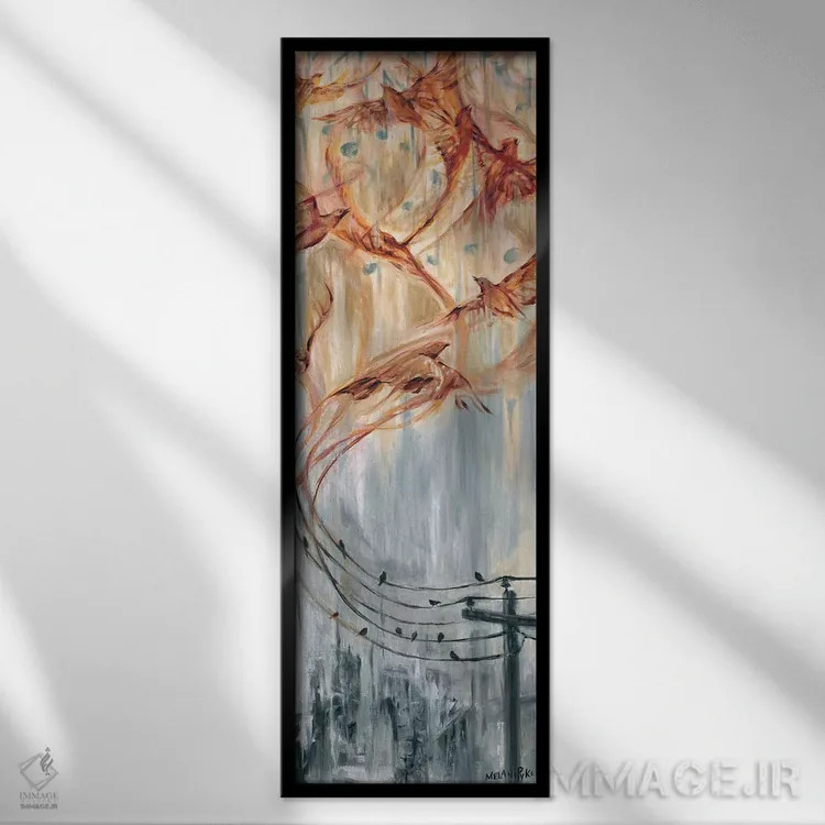 تابلو دکوراتیو موسیقی و پرندگان دور از سیم ها اثر ملانی پایک - نمای قابدار مشکی