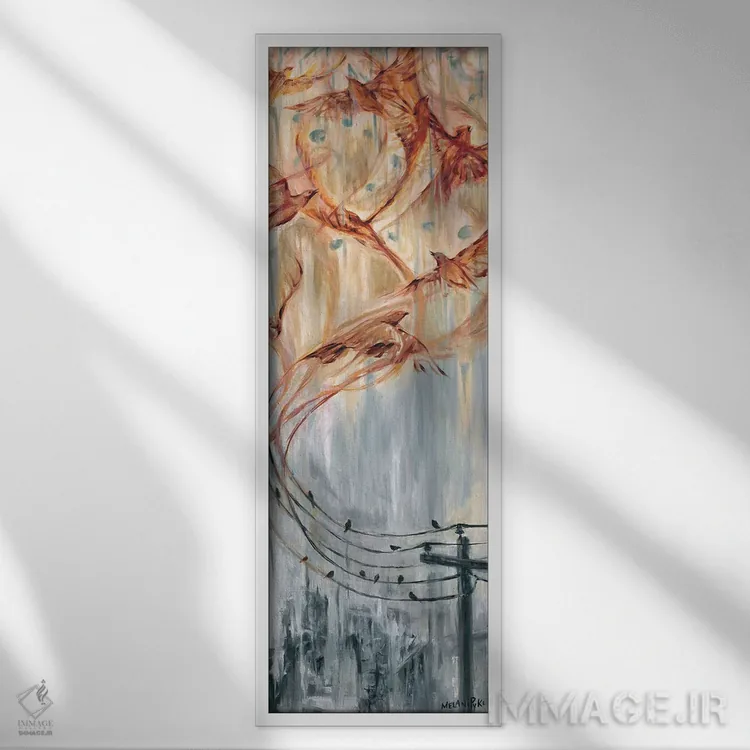 تابلو دکوراتیو موسیقی و پرندگان دور از سیم ها اثر ملانی پایک - نمای قابدار سفید