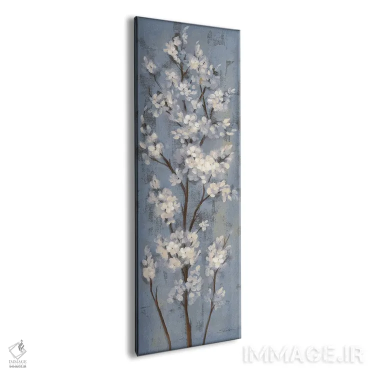 تابلو دکوراتیو شاخه بادام II روی آبی خاکستری اثر سیلویا واسیلیوا - نمای پرسپکتیو محصول
