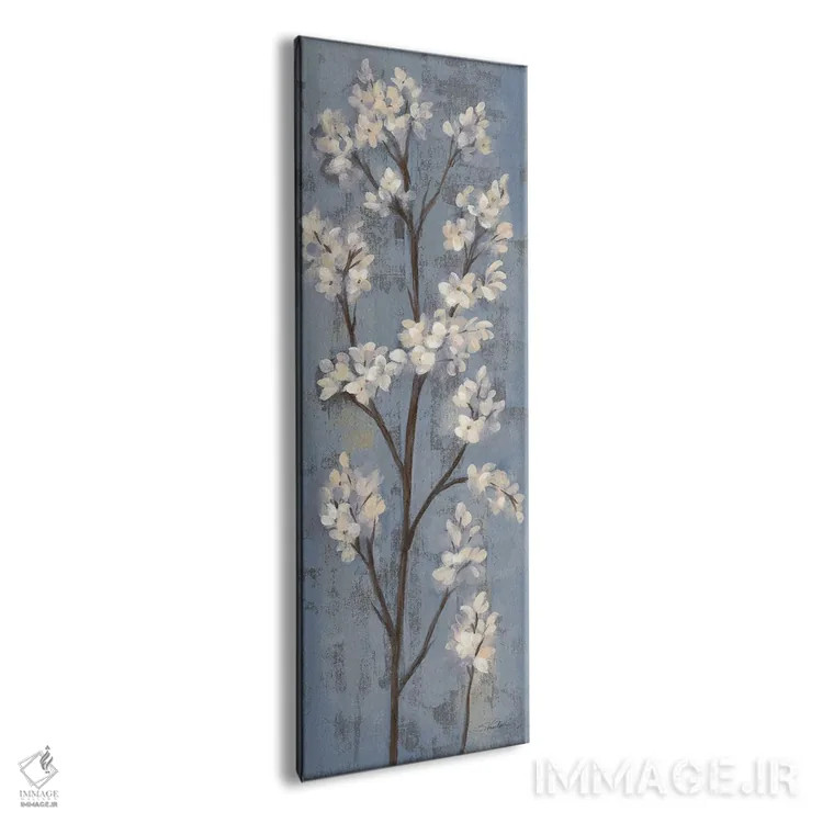 تابلو انتزاعی شاخه بادام I روی آبی خاکستری اثر سیلویا واسیلیوا - نمای پرسپکتیو محصول