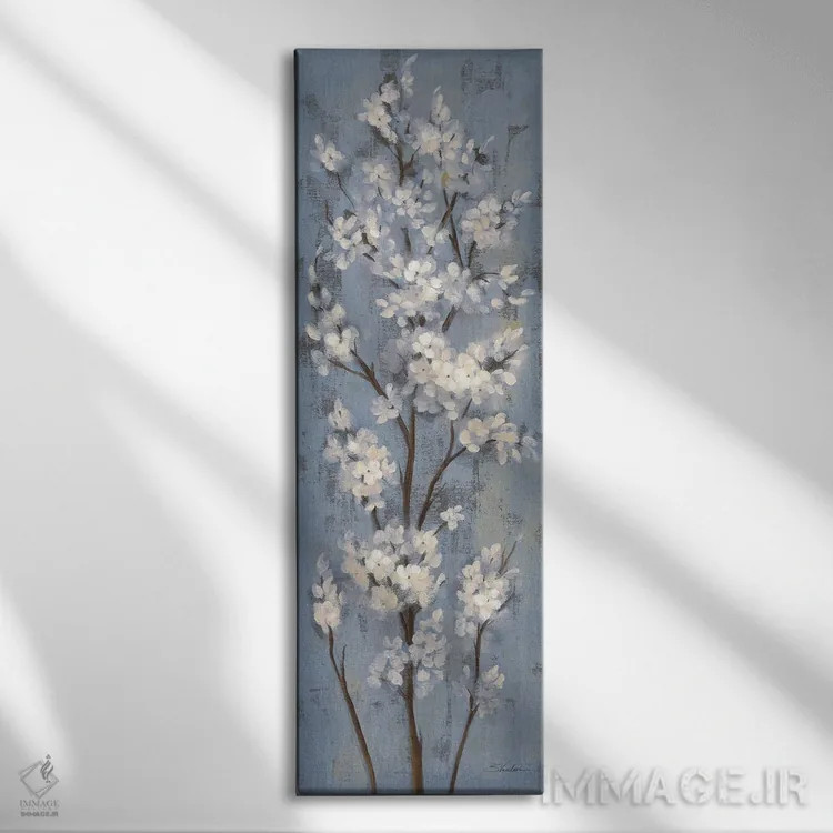 تابلو دکوراتیو شاخه بادام II روی آبی خاکستری اثر سیلویا واسیلیوا - نمای روبهرو روی دیوار