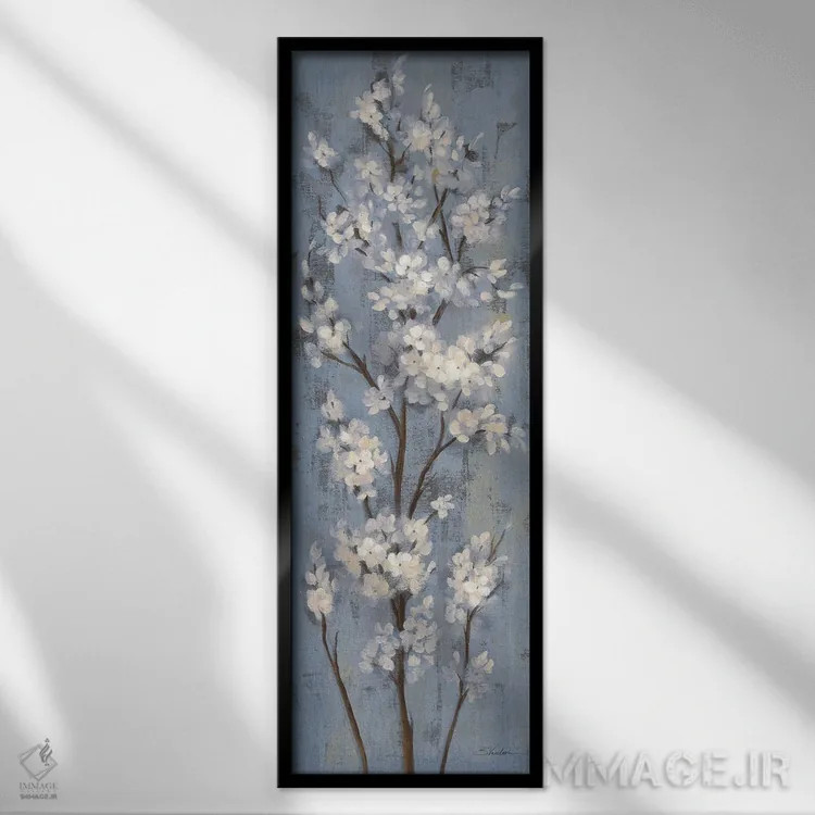 تابلو دکوراتیو شاخه بادام II روی آبی خاکستری اثر سیلویا واسیلیوا - نمای قابدار مشکی