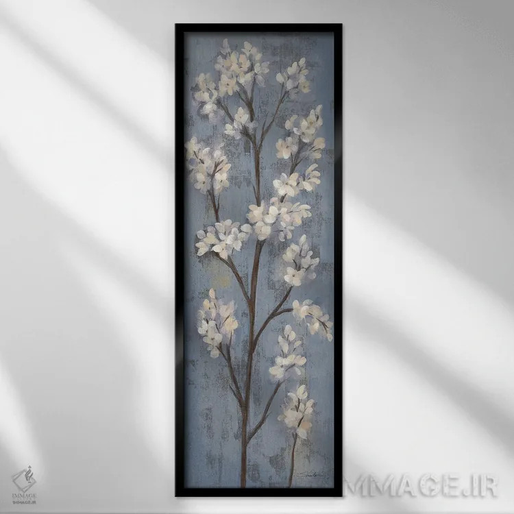 تابلو انتزاعی شاخه بادام I روی آبی خاکستری اثر سیلویا واسیلیوا - نمای قابدار مشکی