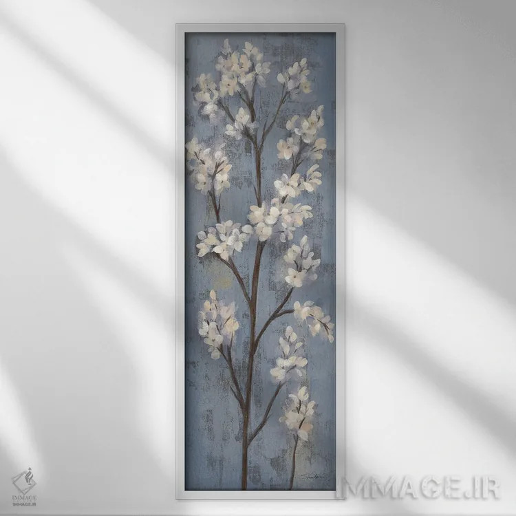 تابلو انتزاعی شاخه بادام I روی آبی خاکستری اثر سیلویا واسیلیوا - نمای قابدار سفید