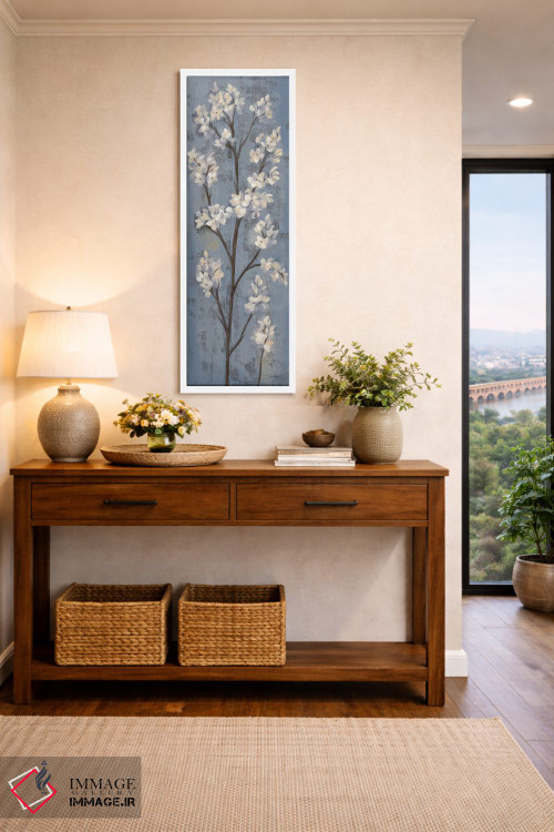 تابلو انتزاعی شاخه بادام I روی آبی خاکستری اثر سیلویا واسیلیوا - D1W