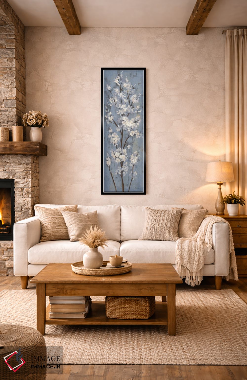 تابلو دکوراتیو شاخه بادام II روی آبی خاکستری اثر سیلویا واسیلیوا - D2B