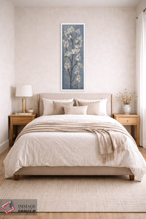 تابلو انتزاعی شاخه بادام I روی آبی خاکستری اثر سیلویا واسیلیوا - D3W